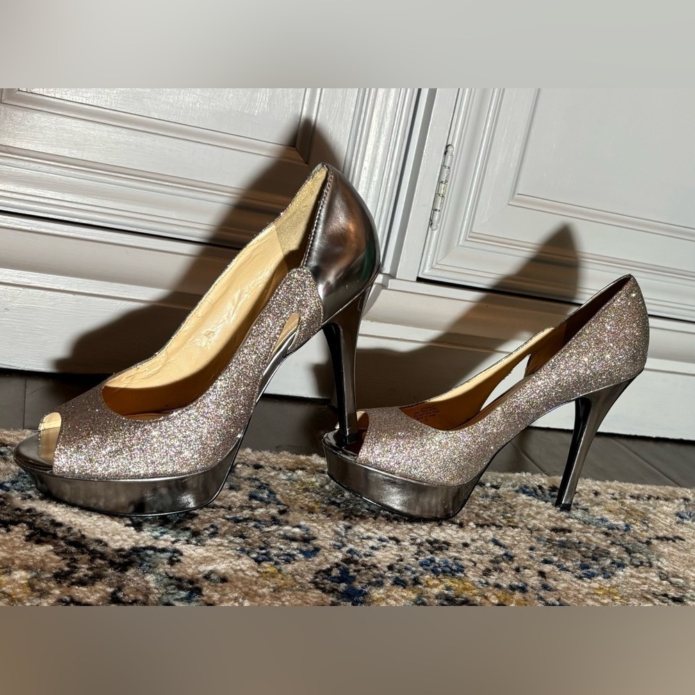 Marc Fisher Shimmering Glitter Peep-Toe Platform Heels